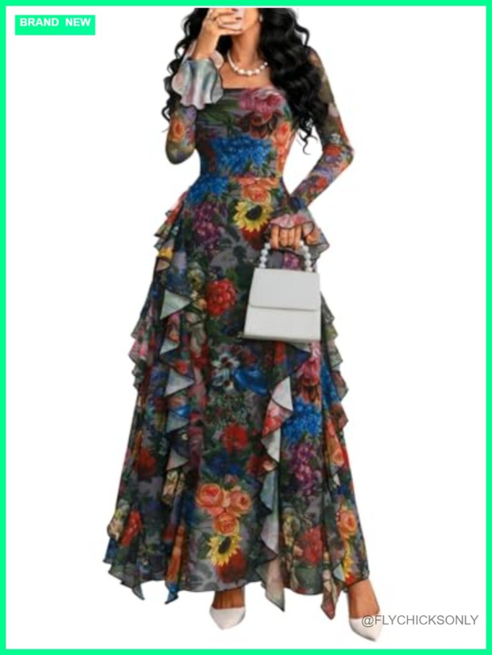 Women's Floral Mesh Long Sleeve Square Neck Tiered Ruffle Party Dress
